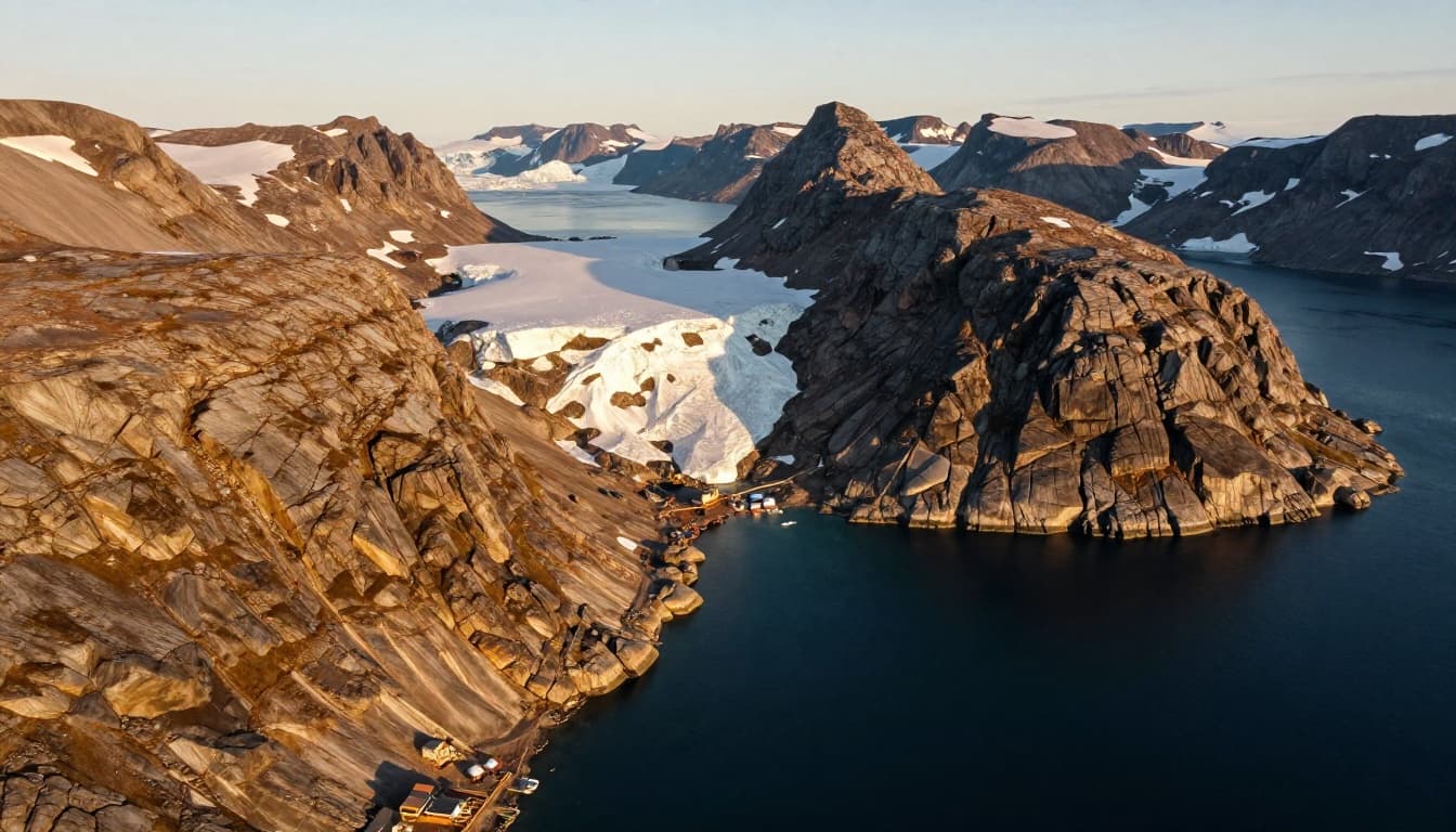 Wide aerial photorealistic view of rugged Greenland fjord coastline featuring icy waters, steep cliffs, and a small remote mining site in the foreground during golden hour.