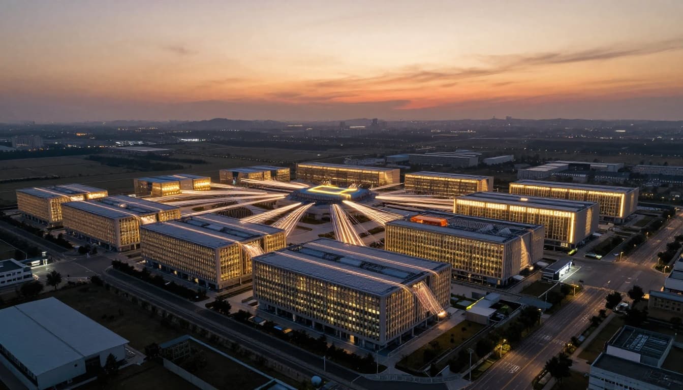 Aerial view of a massive hyperscale data center campus at dusk, with fiber optic routes visualized as glowing light trails connecting buildings in an expansive landscape. Realistic composition enhanced with sci-fi glow elements and dramatic sunset lighting, extending fully to all edges.