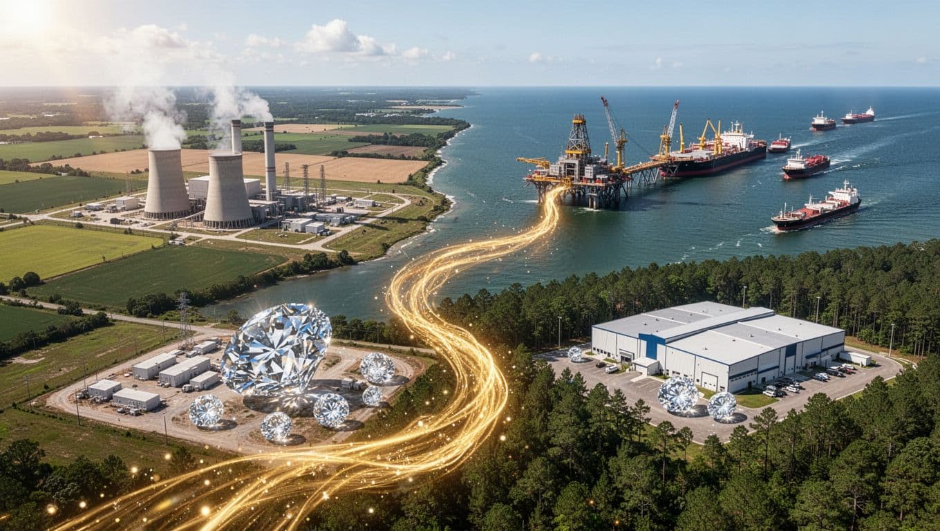 Landscape aerial overview of Ohio power plant, Texas deepwater oil terminal with ships, Georgia synthetic diamond factory, connected by flowing golden investment stream, realistic sunny high-detail scene.