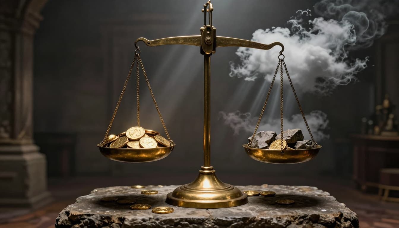 Photorealistic landscape of an antique brass balance scale on a stone pedestal in a dimly lit chamber, left pan overflowing with gold coins and nuggets tilting down, right pan with small storm clouds and jagged rocks tilting up. Dramatic chiaroscuro lighting with rays highlighting the gleaming gold creates a moody, tense atmosphere.