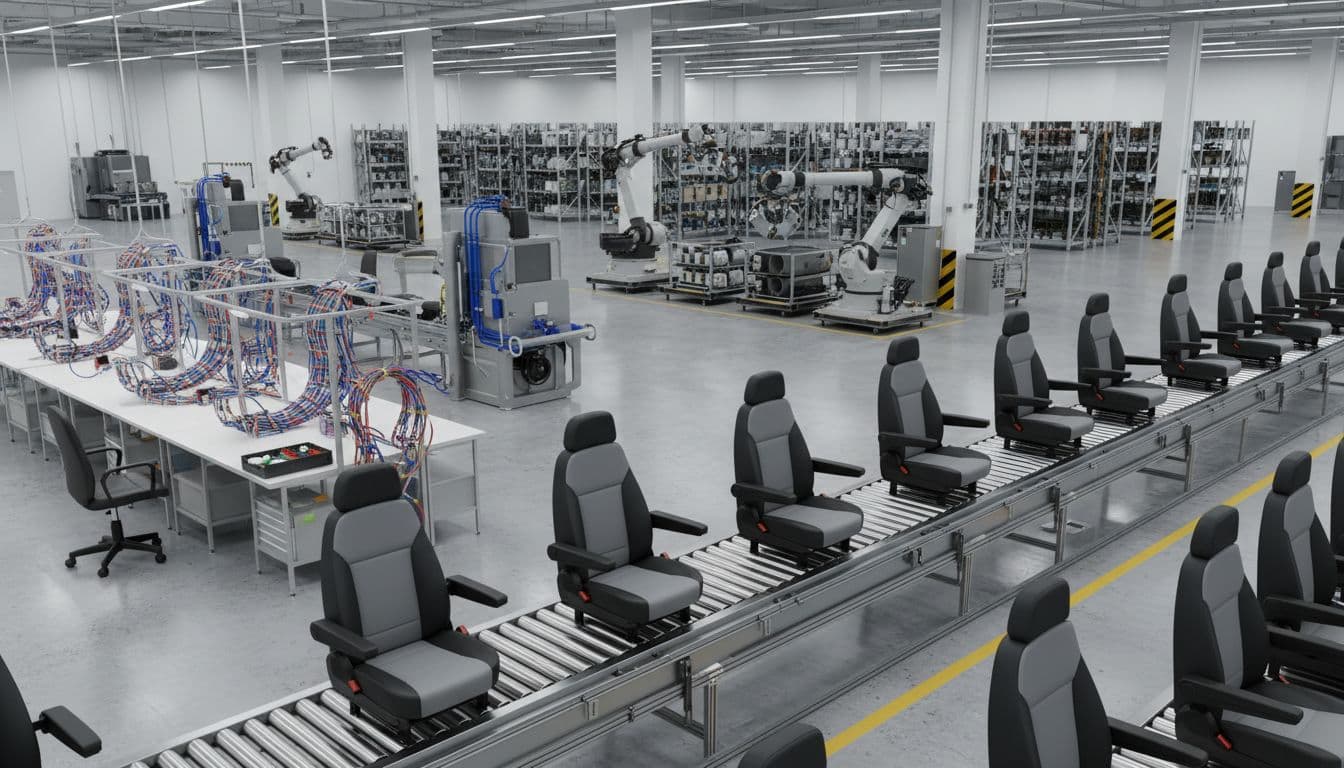 Photo-realistic 3D view of a modern truck parts factory floor with assembled truck seats on conveyor belts, wiring harnesses under assembly, and robotic arms picking parts from an elevated angle under bright industrial lighting.