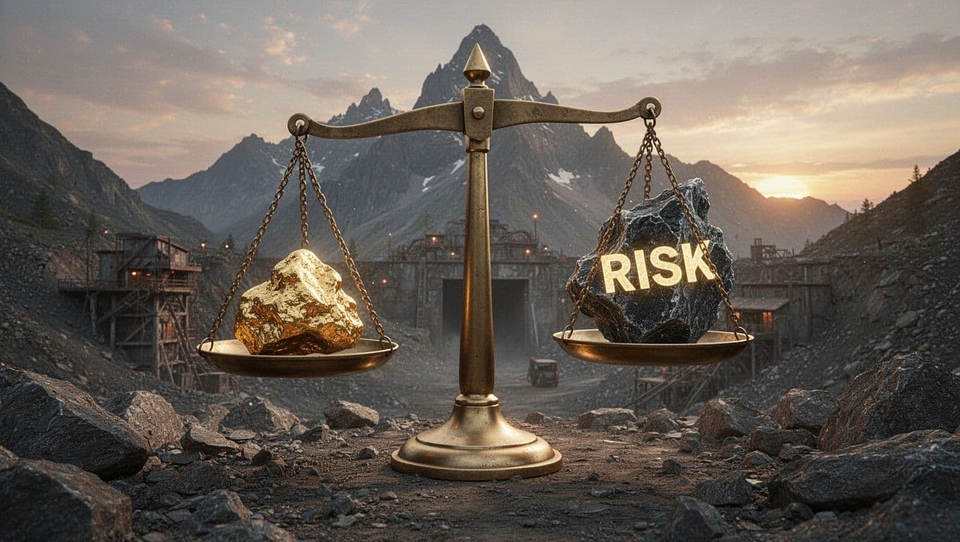 Symbolic balance scale with shiny gold nugget on one side and jagged risk rock on the other in equilibrium, majestic mountain mine in background under sunset sky, rocky foreground in realistic photo style with dramatic lighting.