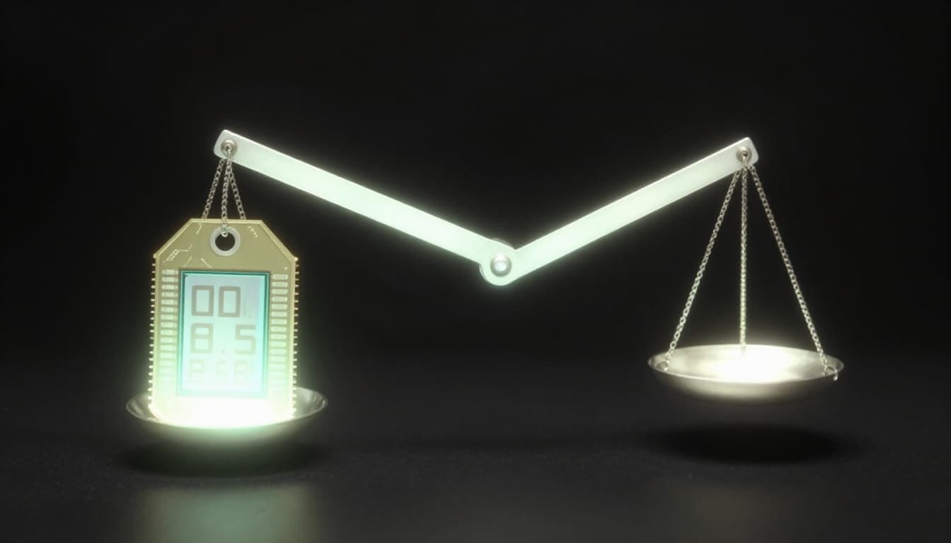 An old-fashioned balance scale features a glowing photonic integrated circuit chip on one side and a large gold price tag on the other, both sides tipping evenly on a dark surface under soft spotlight. Realistic rendering with ethereal glow and high detail.