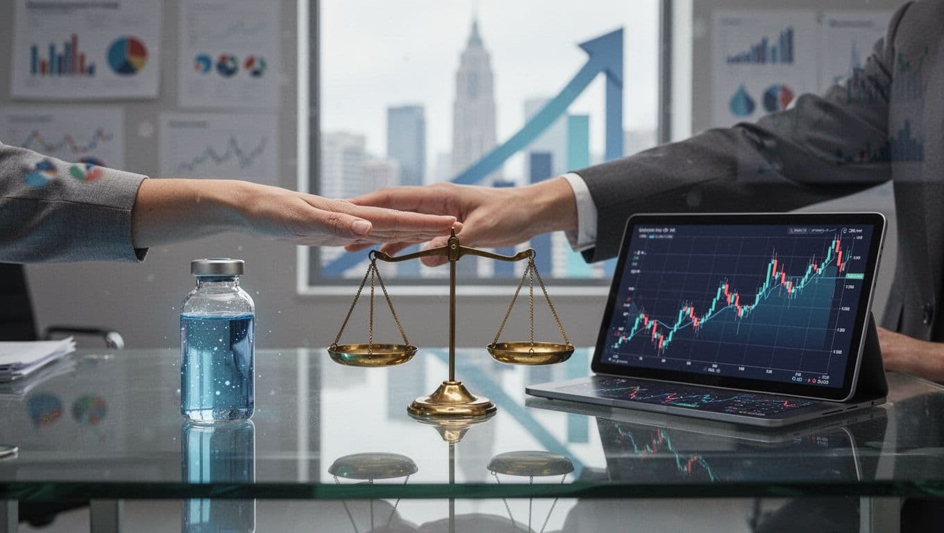 Photorealistic image symbolizing biotech investment risk-reward balance: glowing blue vial versus rising stock graph on a golden scale adjusted by one hand in a blurred professional office.
