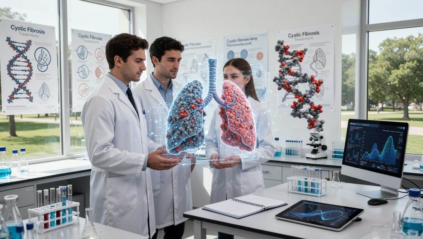 Two professional scientists, one male and one female, in white lab coats examine a large 3D holographic model of a human lung in a bright biotech research facility. The optimistic scene includes lab equipment, data displays, and background elements hinting at cystic fibrosis research.