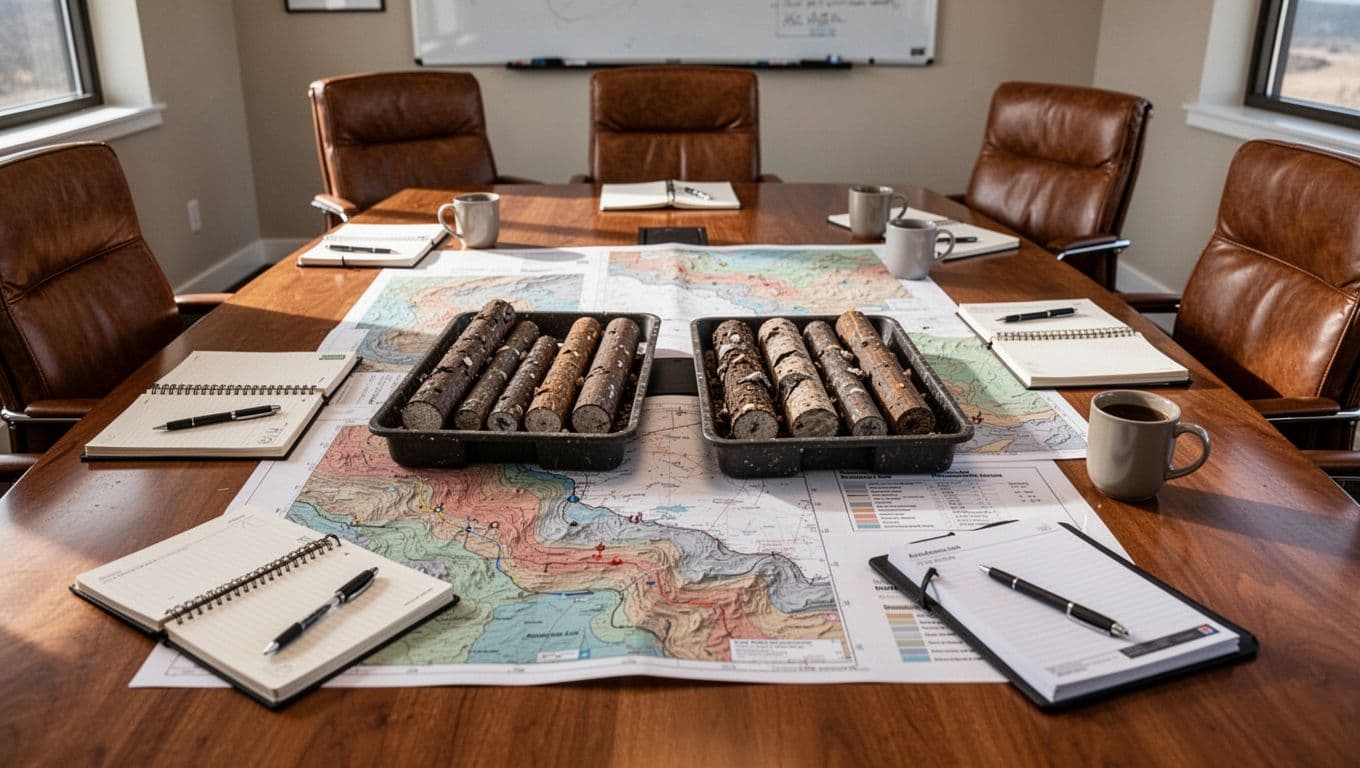 Top view of a boardroom table spread with geological maps, two drill core sample trays, notebooks, pens, and coffee mugs, with empty leather chairs in the background under natural daylight.