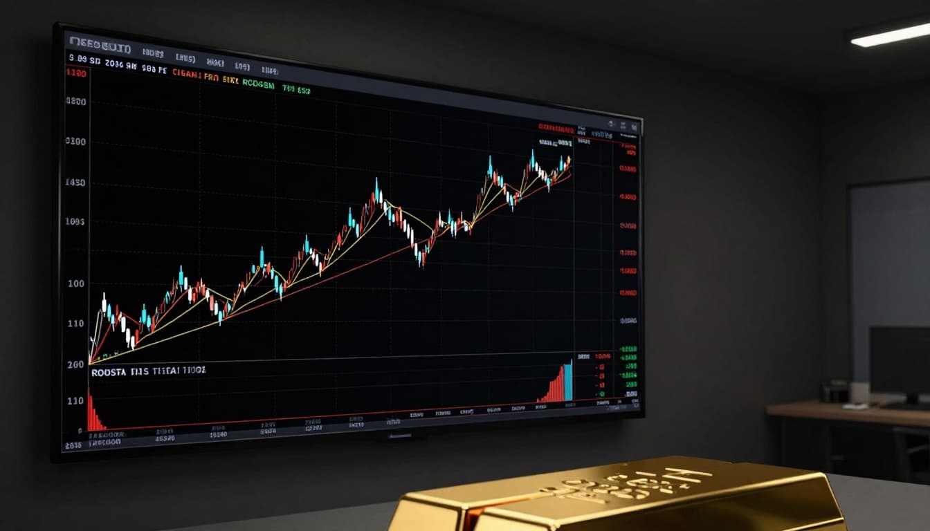 Realistic photo of a wall-mounted physical stock chart printout in a dim modern trading room, featuring an upward price trend crossing rising moving averages for bullish crossover signals, with a gold bar at the base and high contrast focus on technical analysis.