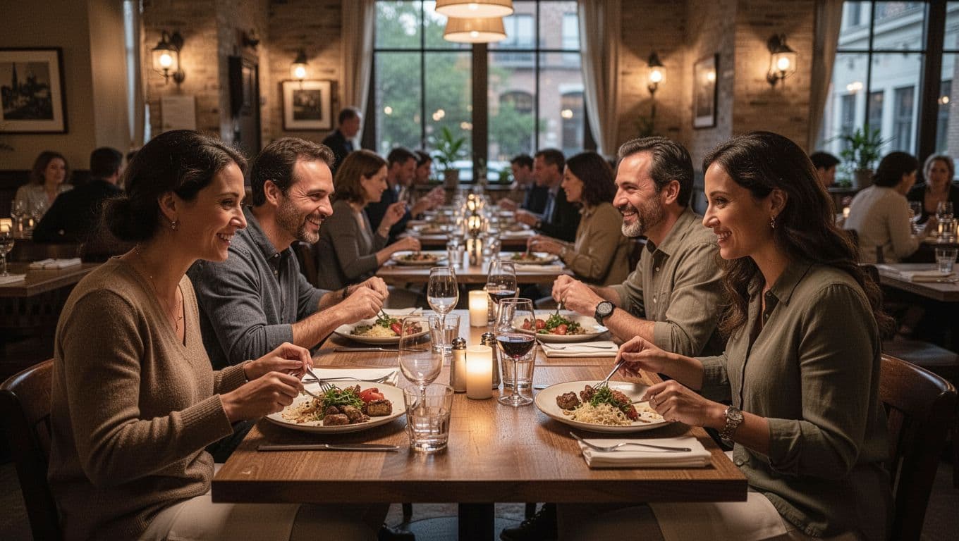 Groups of four to six people eat and talk in a warmly lit restaurant dining room with natural window light.