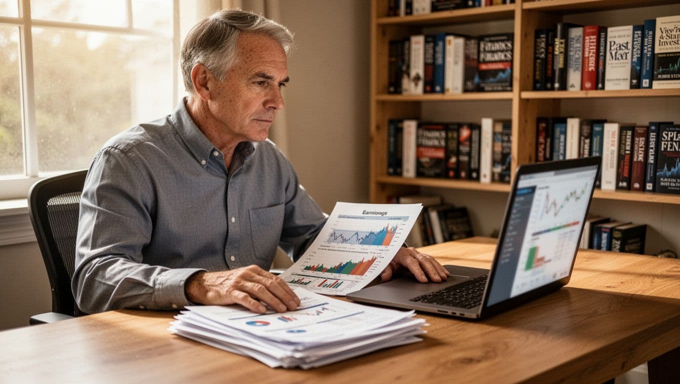 A middle-aged investor in business casual attire sits calmly at a home office desk, reviewing a stack of printed financial earnings reports beside an open laptop with blurred charts. Soft natural daylight illuminates the serene scene with bookshelves of finance books in the background.