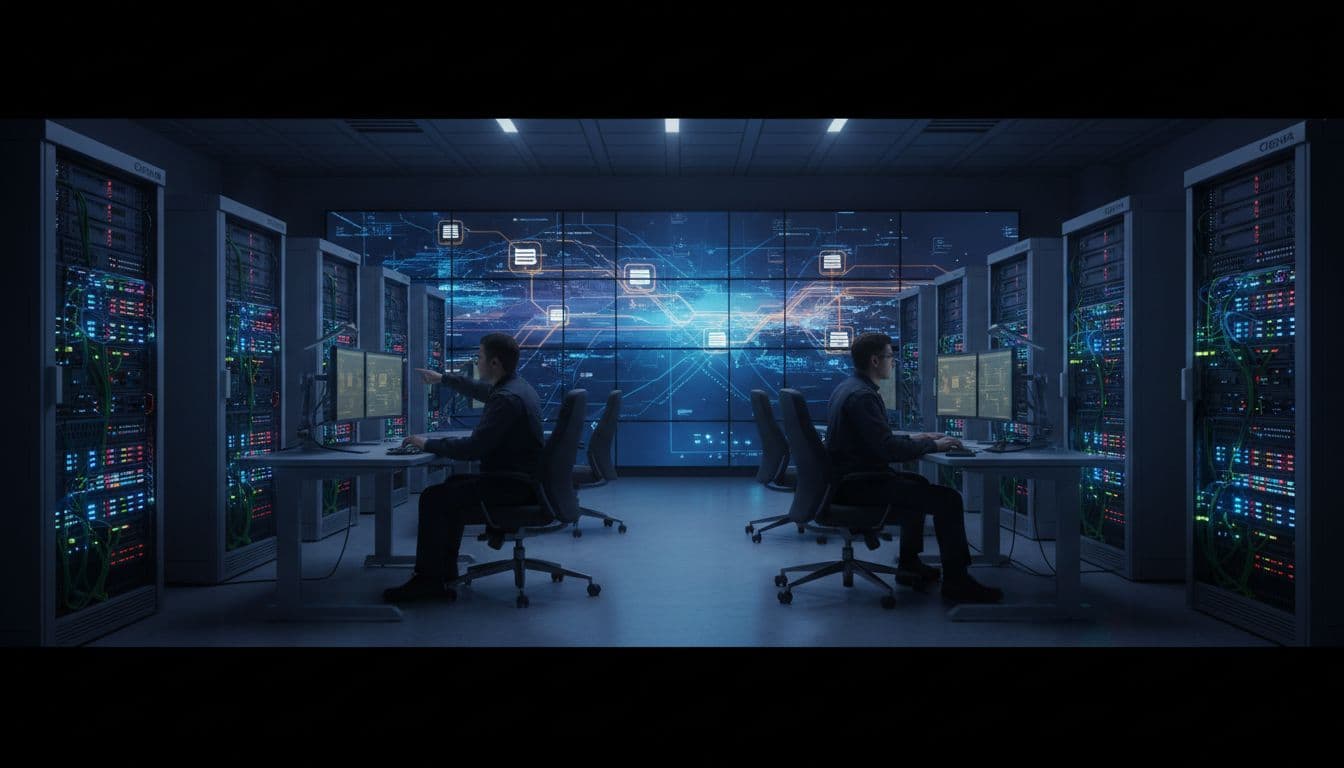 Photo-realistic landscape of a large-scale fiber network operations room with Ciena-style high-capacity transport equipment in racks. Two operators monitor glowing fiber links amid digital traffic maps on wall screens showing data flows between data centers, under dim lighting with screen glows.