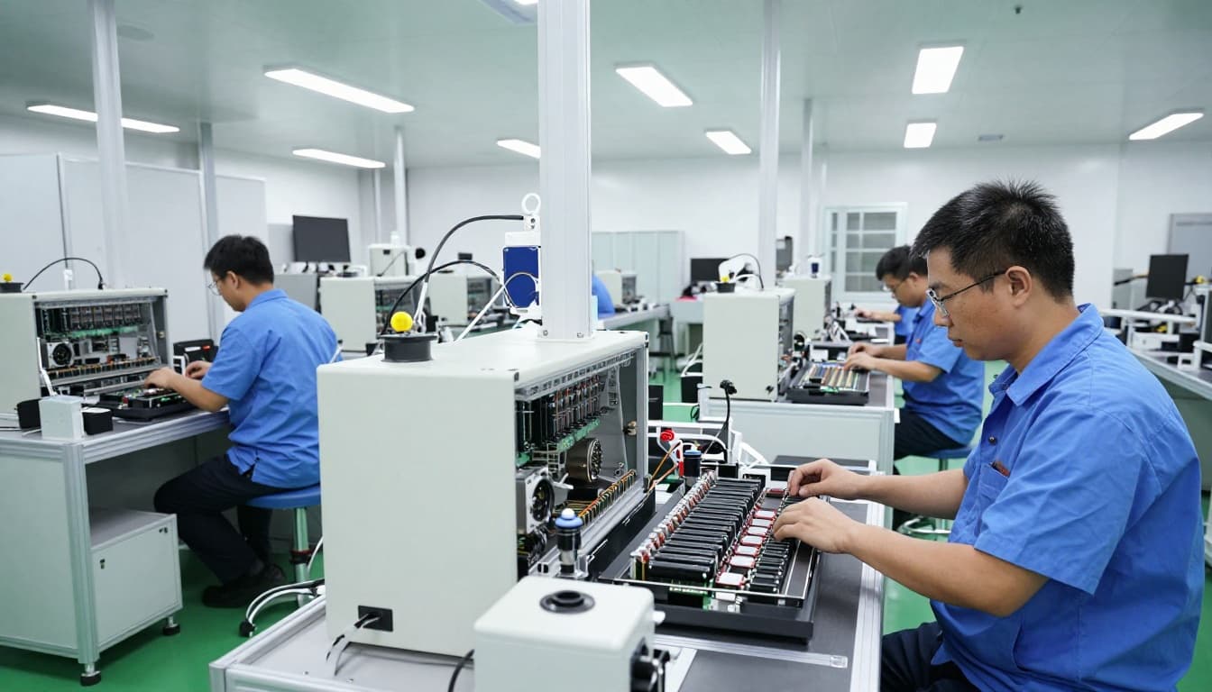 Clean photonics manufacturing floor with assembly lines for optical modules and two technicians in full protective gear working at stations.
