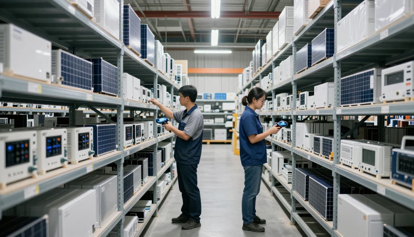 Interior of a clean warehouse filled with shelves of solar electronics and optimizers, featuring exactly two workers scanning barcodes with handheld scanners in relaxed poses under realistic industrial overhead lighting.
