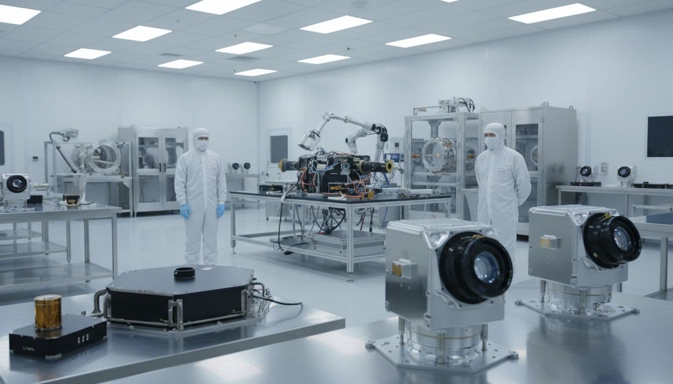 Satellite components and optical terminals on workbenches, partial spacecraft on central table, two technicians in clean suits nearby.