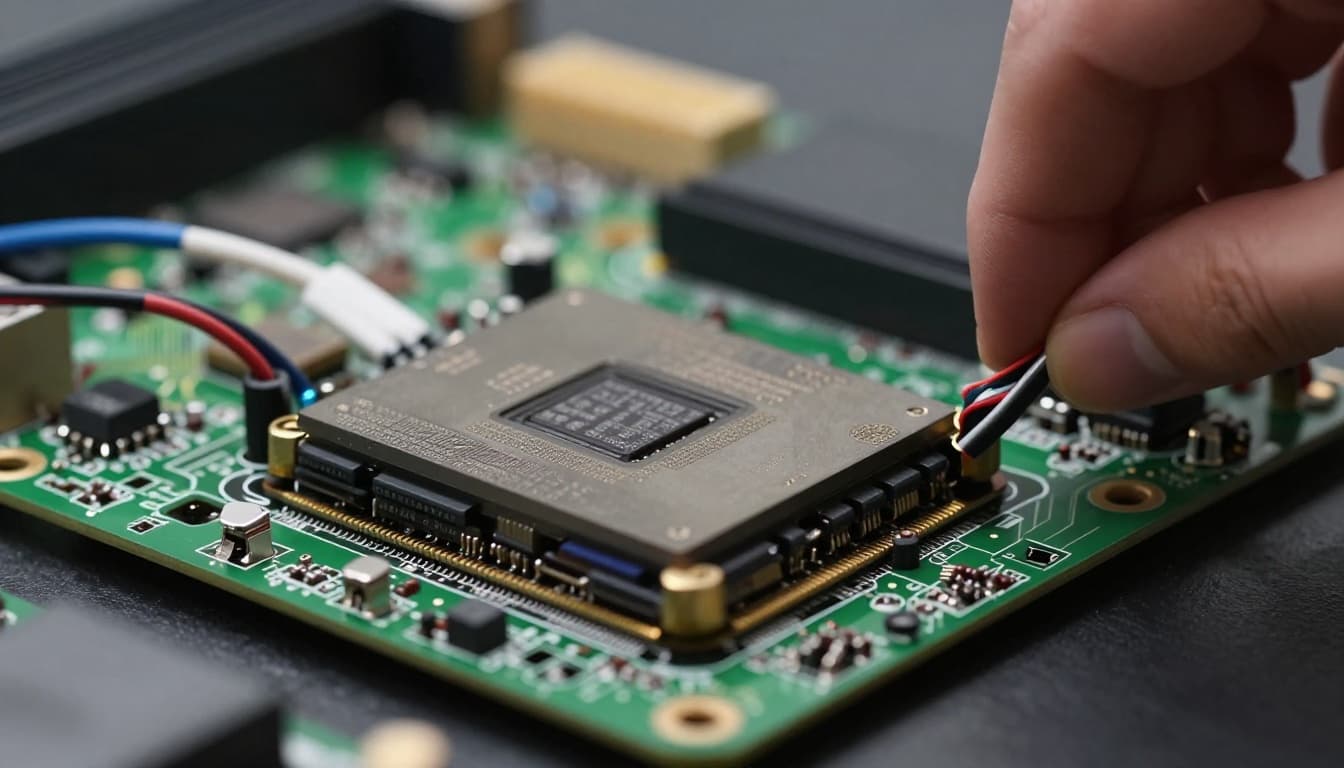 Close-up of a computer motherboard with a tiny power module mounted near a large GPU chip, cables connected, shallow depth of field focusing on the module and GPU, blurred electronics lab background.