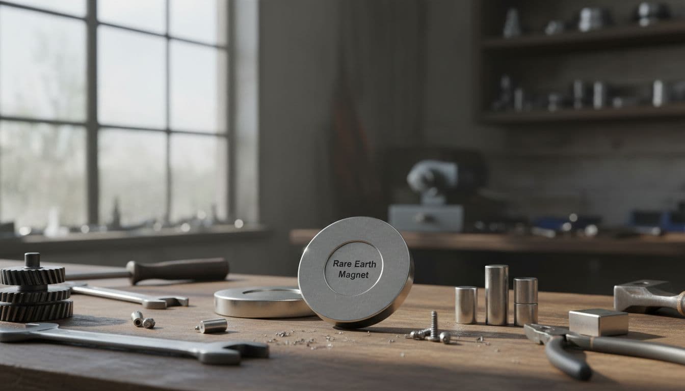 Photo-realistic close-up of a machine shop workbench displaying shiny neodymium rare earth magnets of various sizes next to metal parts, screws, and tools, with one labeled 'Rare Earth Magnet' under natural daylight.