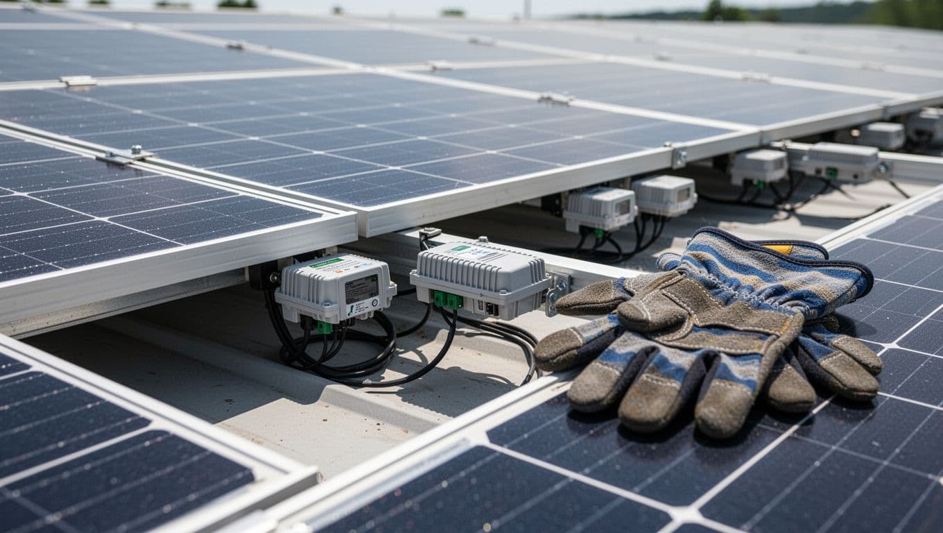 A close-up landscape view of solar panels on a roof featuring electronic optimizer units underneath each panel and technician gloves resting on one edge, captured in bright daylight with shallow depth of field.