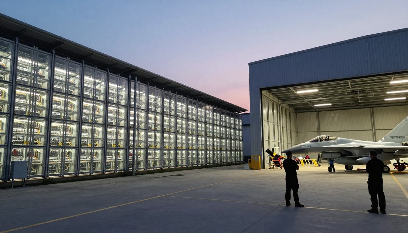 Split landscape image: left side features the exterior of a massive cloud data center at dusk, right side shows an aircraft maintenance hangar with a fighter jet and exactly two technicians in relaxed poses. Realistic wide-view photography with no text, logos, or borders.