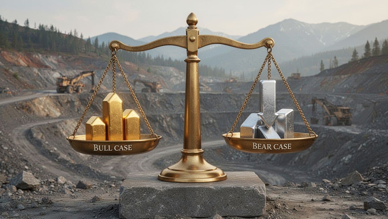 A classic golden scale balanced evenly, with 'Bull case' pan holding upward gold bars and 'Bear case' pan holding downward silver bars, on a gray pedestal against a soft-focus North American mine background.