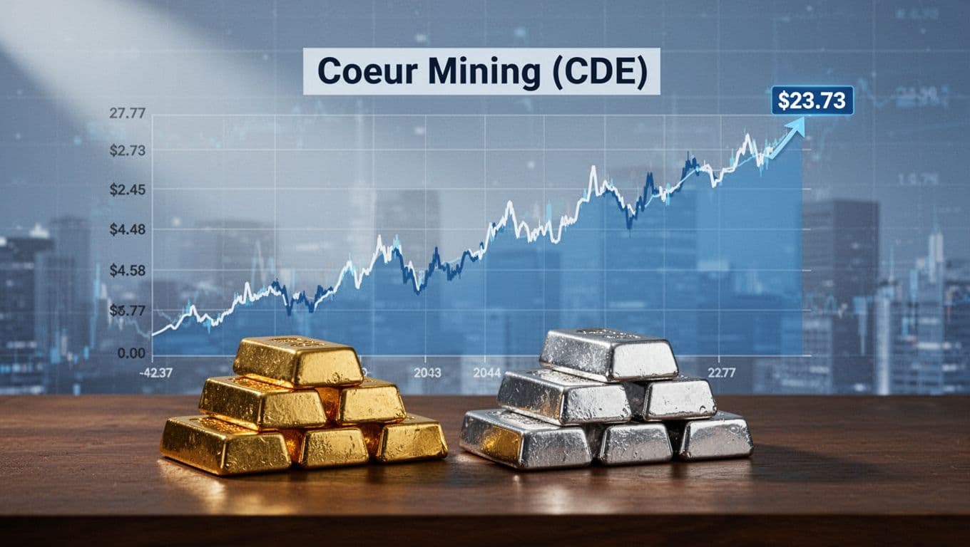 A professional photorealistic landscape image of an upward-trending stock price chart for Coeur Mining (CDE) rising from $4.58 to $27.77 with current price at $23.73, featuring neatly stacked gold and silver bars on a dark wooden table in the foreground.