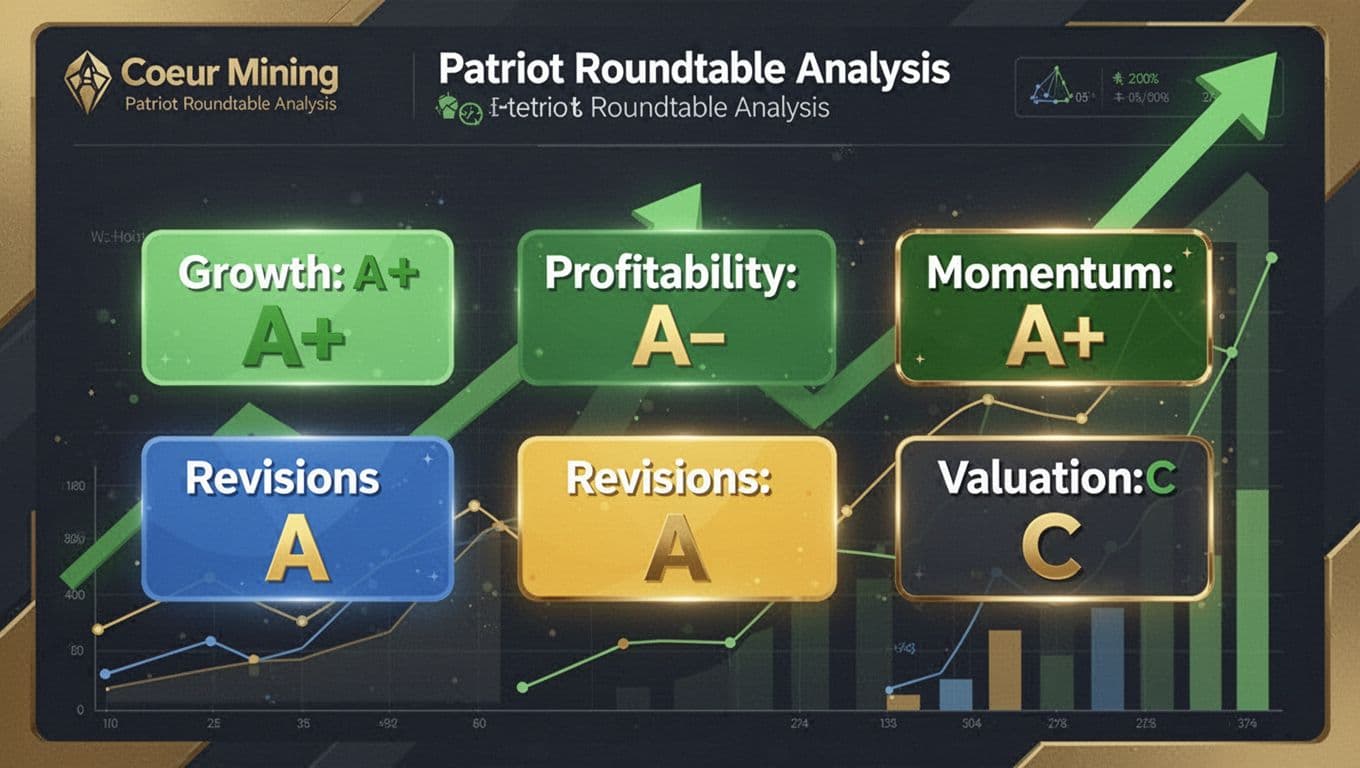 Upbeat landscape graphic resembling a financial scorecard for Coeur Mining from Patriot Roundtable Analysis, featuring five categories: Growth A+, Profitability A-, Momentum A+, Revisions A, Valuation C as colorful badges on a modern dashboard with green arrows and charts.