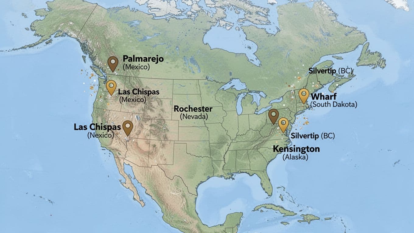 Stylized flat map illustration of North America highlighting Coeur Mining's key sites with labeled markers at Palmarejo and Las Chispas in Mexico, Rochester in Nevada, Wharf in South Dakota, Kensington in Alaska, and Silvertip in British Columbia. Features light blue oceans, green landmasses, subtle gold and silver sparkles, photorealistic illustrative style.