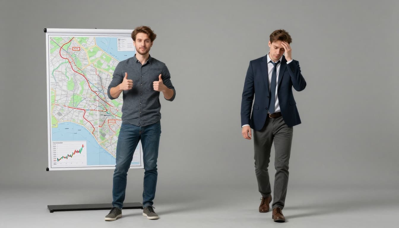 A photorealistic split-scene image in landscape orientation depicts two investors: on the left, a confident person in casual attire stands by a mine map giving a thumbs-up gesture with relaxed hands; on the right, a cautious person walks away from a volatile chart shaking their head. Neutral backgrounds, daylight lighting, exactly two people, no text, no borders or letterboxing.