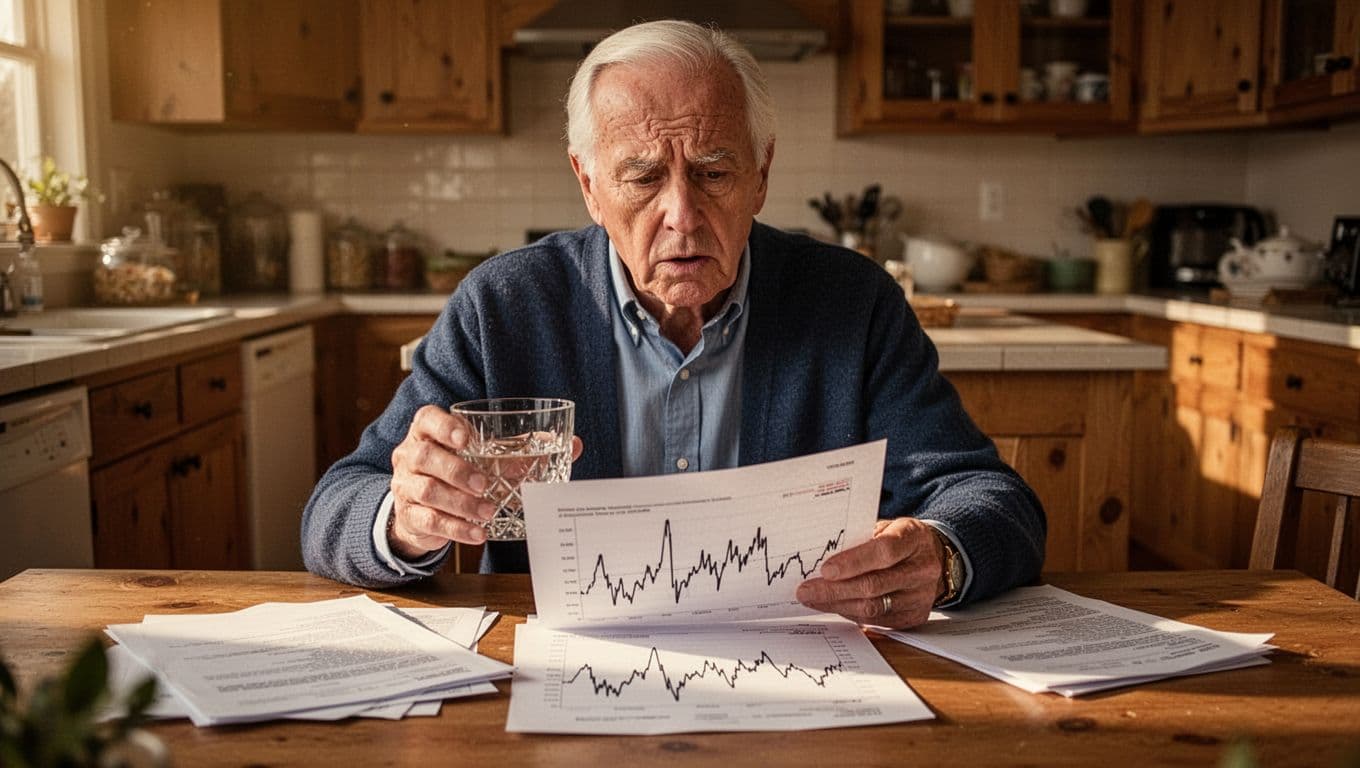 Older conservative investor sits at kitchen table with concerned expression, holding glasses over retirement statements and printed volatile ETF chart.