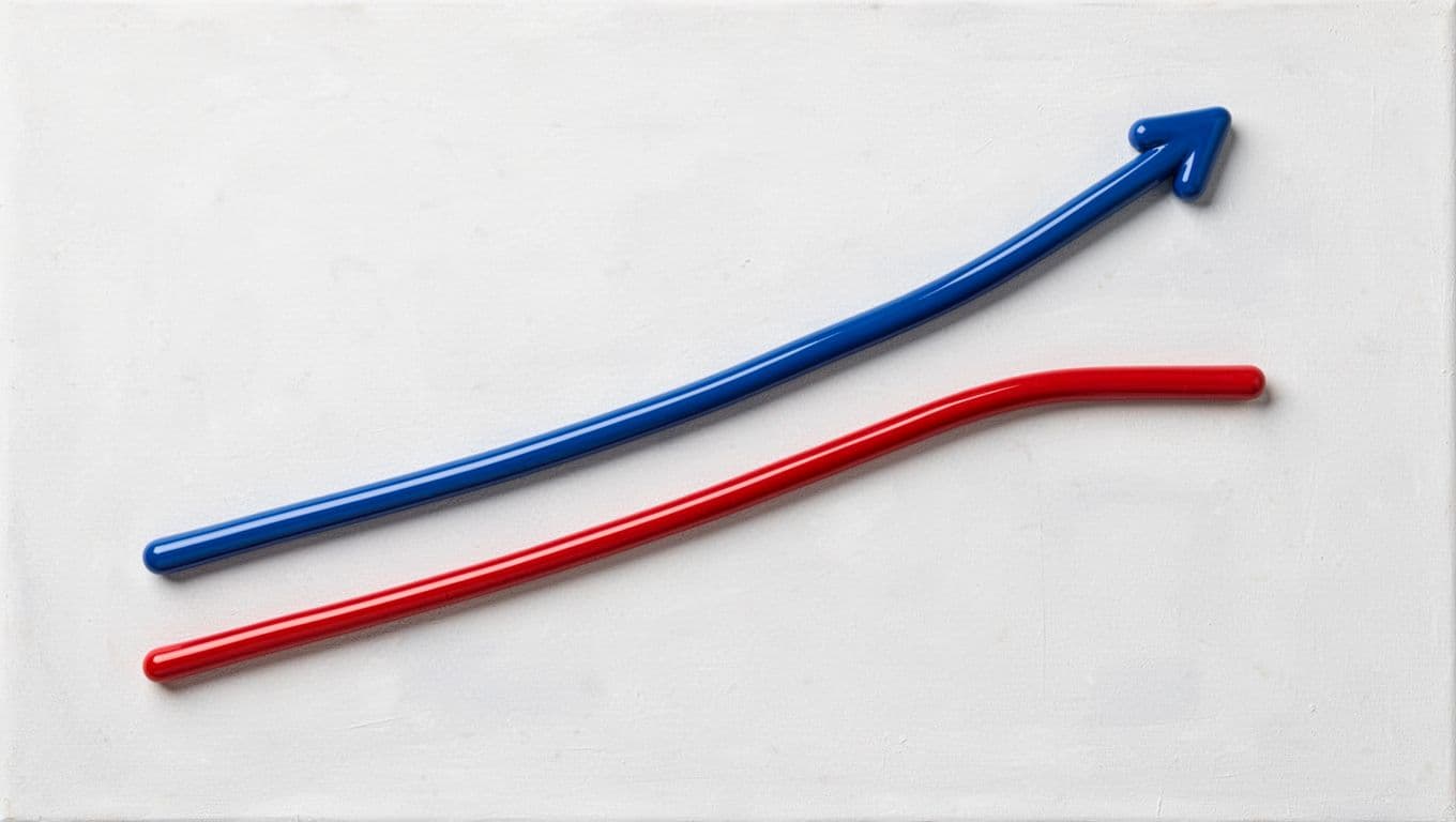 Thick blue line rises steadily while thin red line flattens on white background.