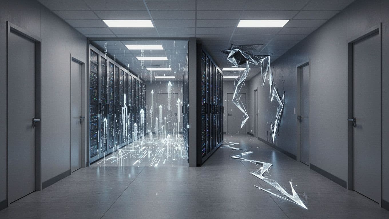 Photo-realistic landscape of a forked path in a corporate office hallway, one leading to expanding AI data center with growth symbols, the other to risk icons like warning signs and downturn charts. Realistic business setting with neutral lighting, no people or text.