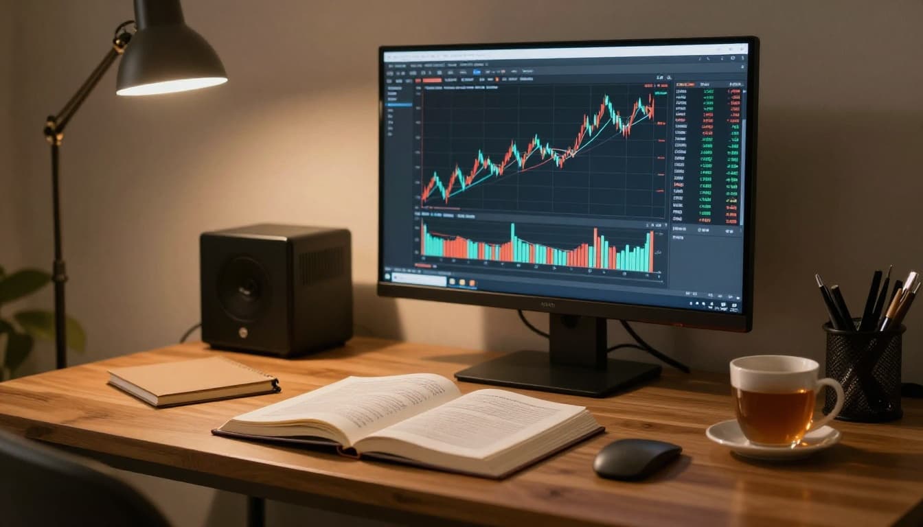 Calm wooden desk setup in a cozy home office with an open long-term investing book, computer monitor displaying a muted flat stock chart, cup of tea, and notepad nearby under warm ambient lighting. Realistic high-detail photography with no people, monitor at an angle, no readable text, and content extending to all edges.