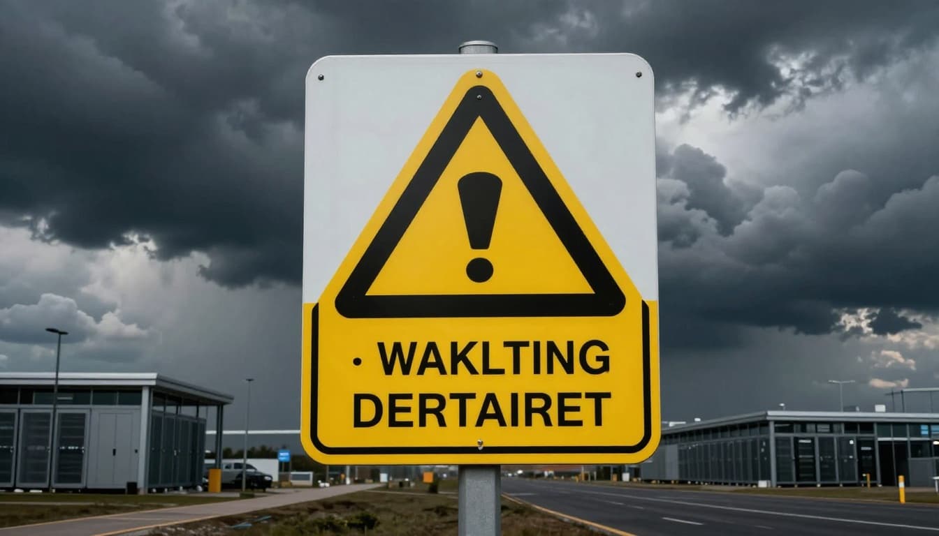 Large caution warning sign in front of modern data center entrance with stormy sky and fluctuating clouds suggesting market volatility. Realistic dramatic style, moody lighting, landscape composition, no people, no text or logos.