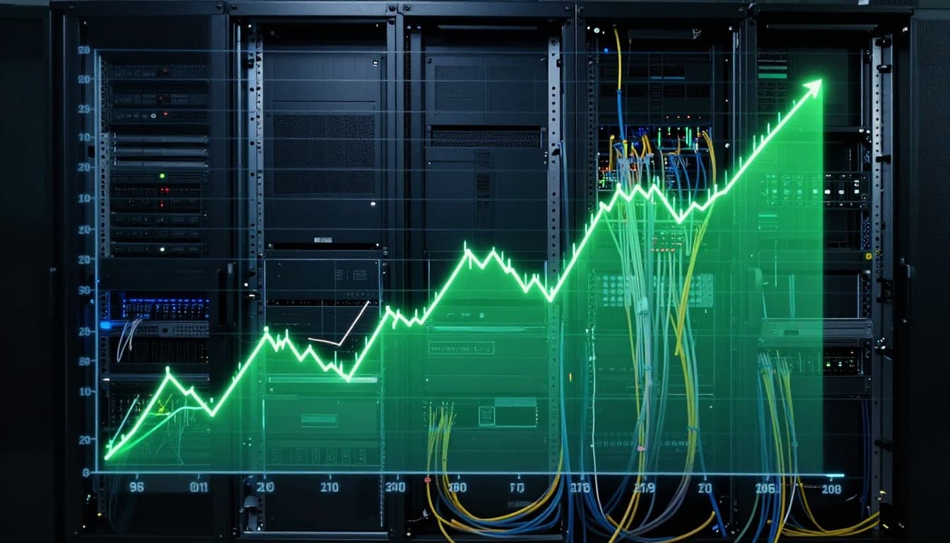 Fiber optic lines and server racks in a data center overlaid with a semi-transparent rising stock price chart and green bullish trend line, in a realistic blended digital graphic style.