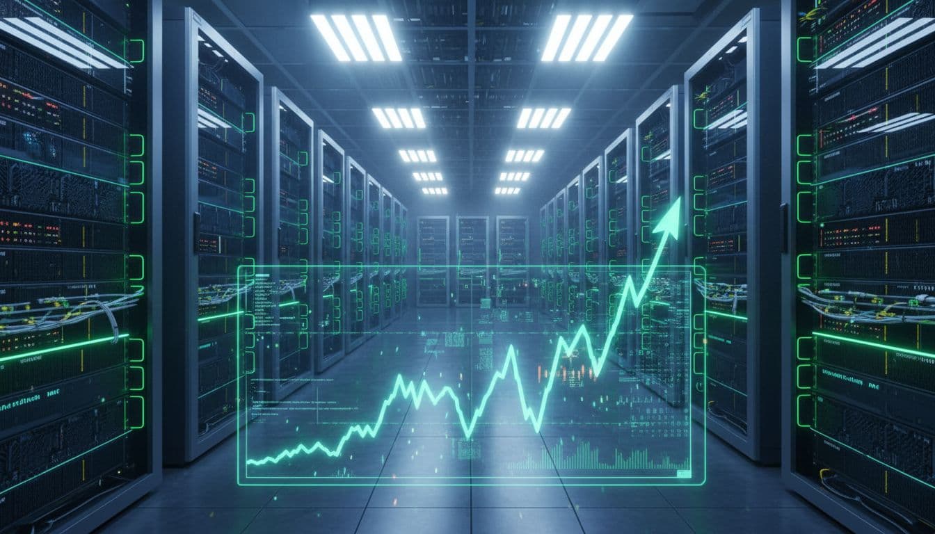 Rows of glowing server racks in high-tech data center, foreground screen shows rising green stock chart.