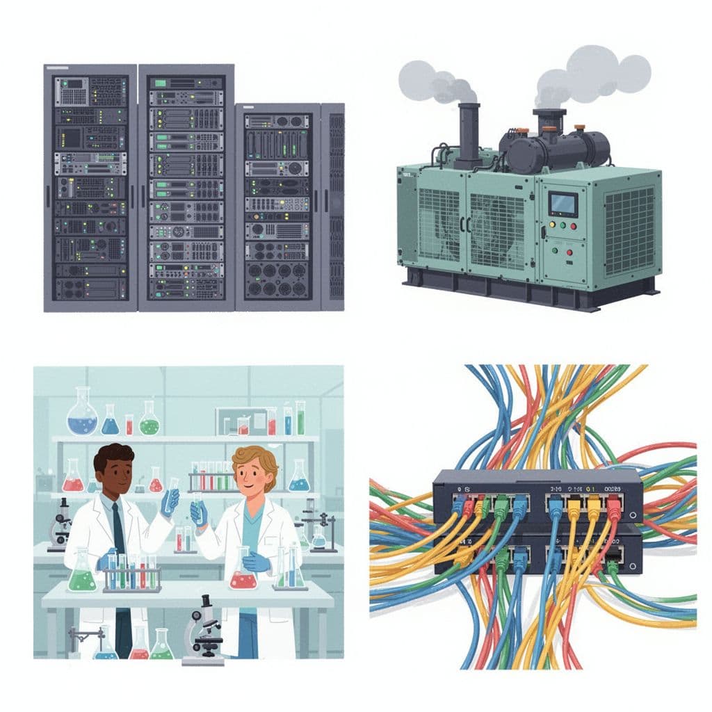 A four-panel friendly flat illustration collage featuring a busy data center with servers, industrial power generator, modern biotech lab with two scientists handling test tubes, and colorful fiber optic cables. Vibrant pastel colors, simple shapes, clean lines, and cheerful informative mood with white-separated panels.