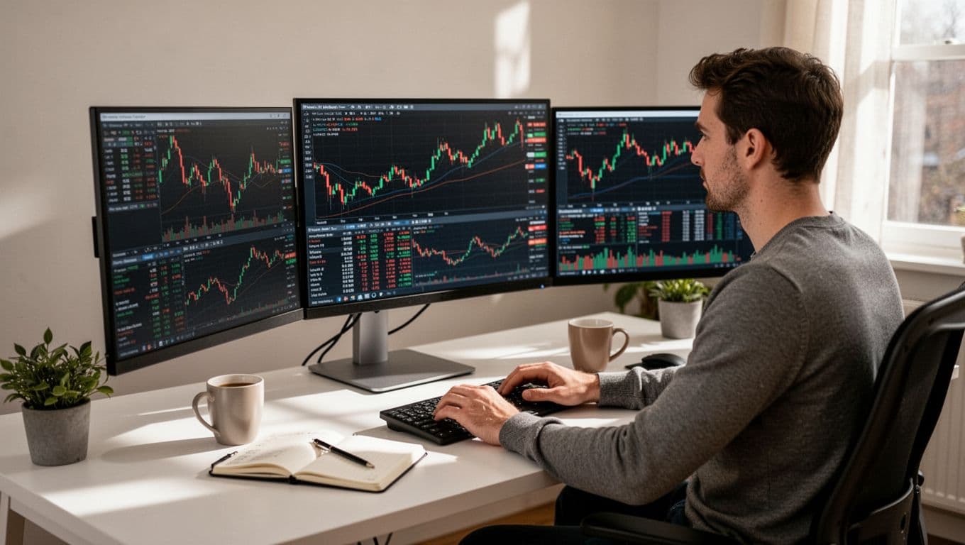 Focused day trader in home office views stock charts on dual screens with MU and MULL tickers, hands on keyboard near coffee mug.