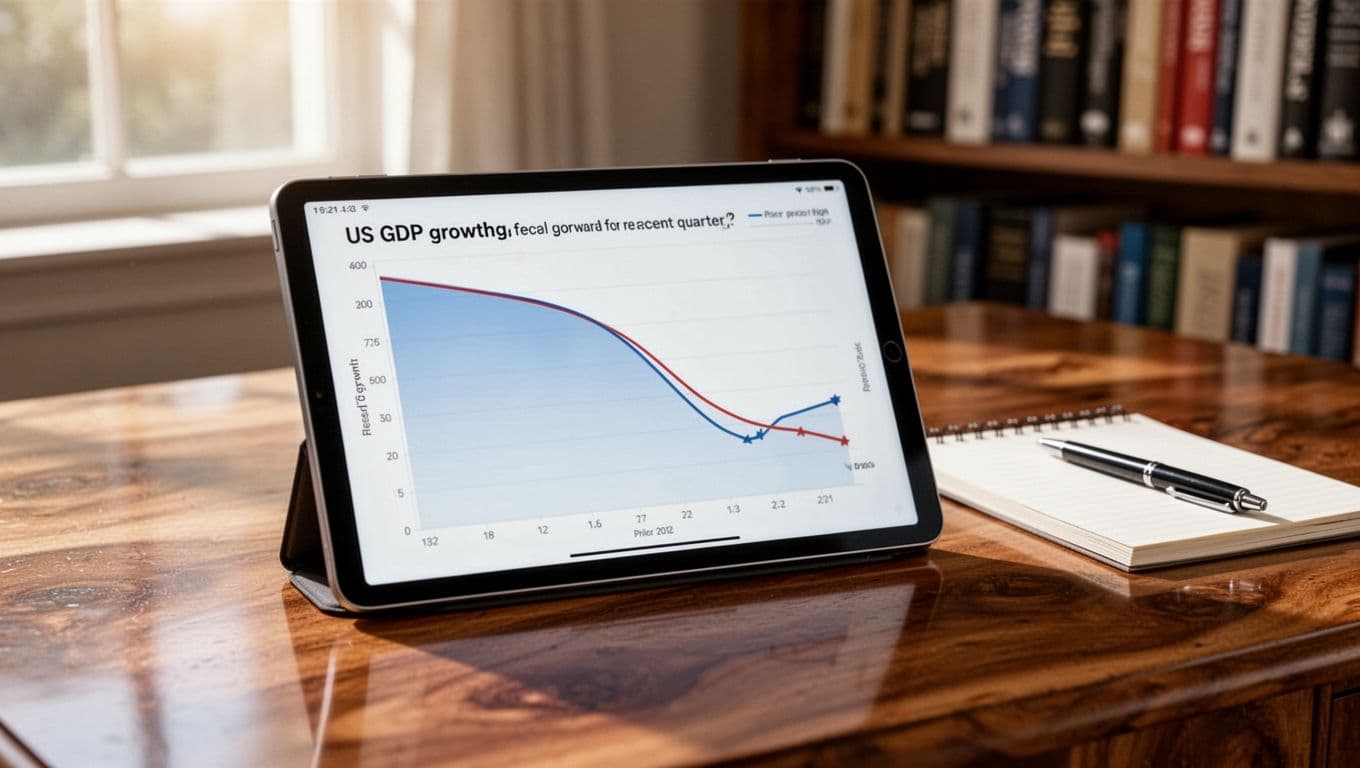 Close-up realistic photograph of a tablet screen showing a downward-trending US GDP growth line chart on a polished oak desk with notepad and pen nearby, illuminated by natural daylight, analytical mood with blurred background bookshelves.