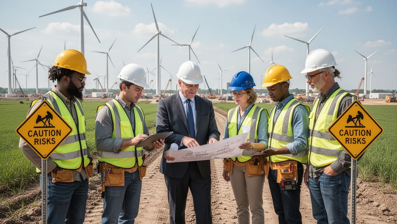 Landscape image of diverse workers on an energy construction site in Ohio-style fields, with investors reviewing plans on a tablet and caution signs for risks. Features exactly five everyday people in natural daylight poses, realistic style with no text or watermarks.