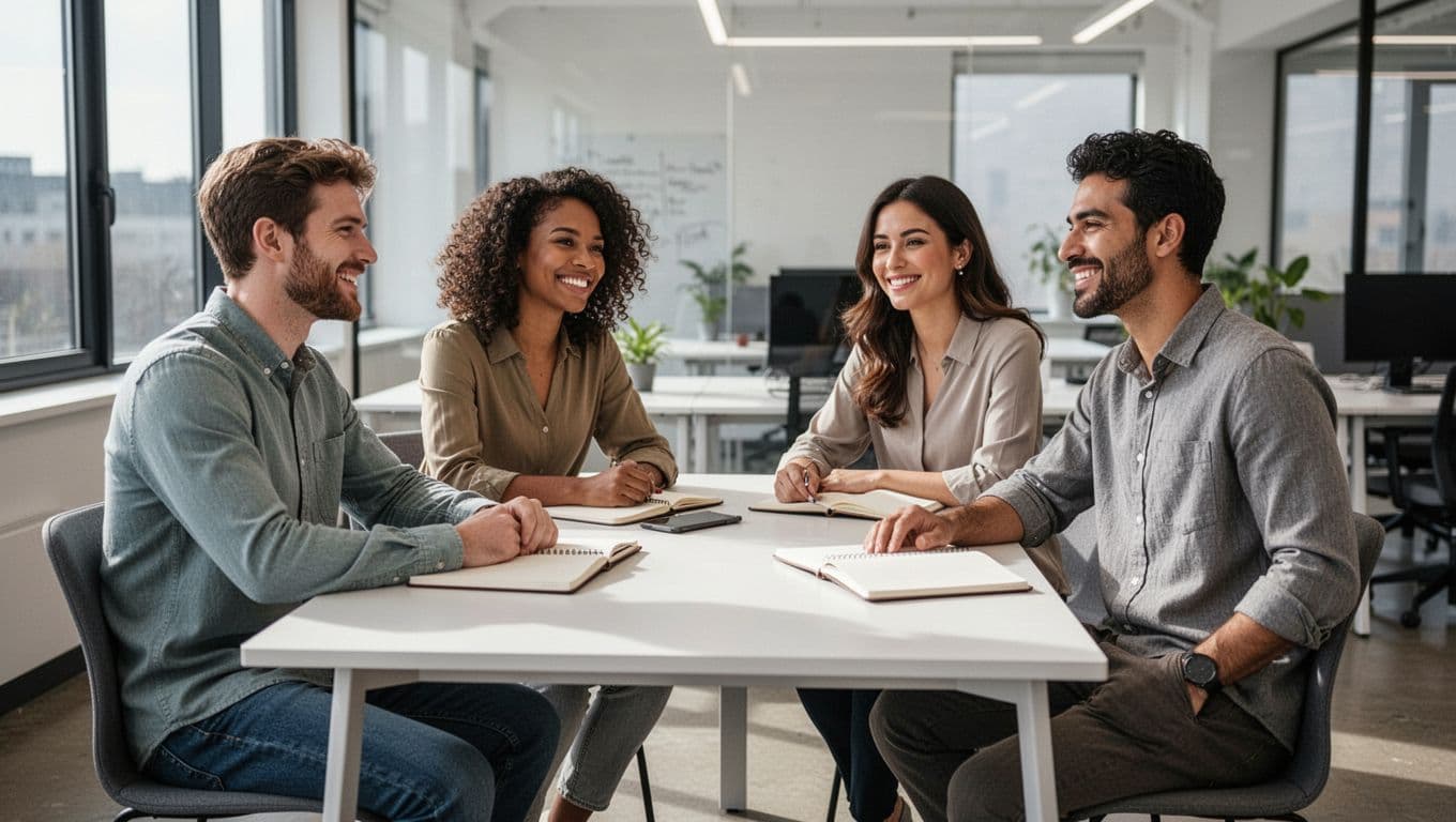Four diverse professionals collaborate casually around a table with notebooks in a bright modern office.
