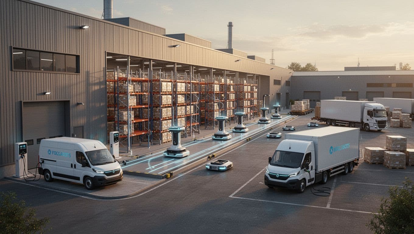 Electric delivery vans charging at a station next to a smart warehouse with automated shelving robots and logistics trucks in the yard, captured in photo-realistic 3D style during golden hour.