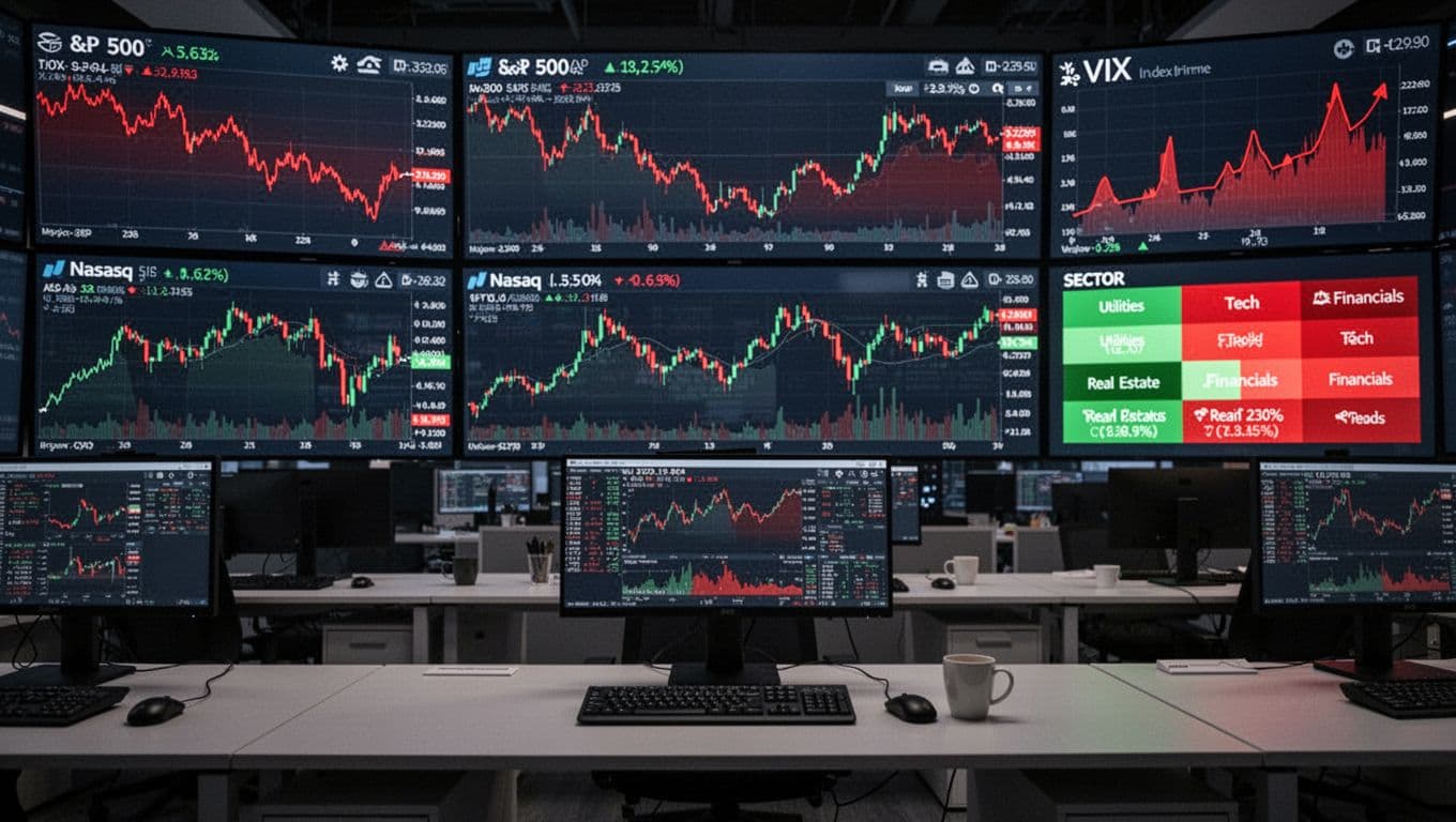 Photorealistic landscape image of a deserted modern stock trading floor lit by large screens displaying red downward trends for S&P 500, Nasdaq, Dow indexes, spiking VIX, and a sector heat map with green utilities amid red tech sectors. Empty desks hold keyboards, mice, and coffee mugs under dim screen glow, no people present.