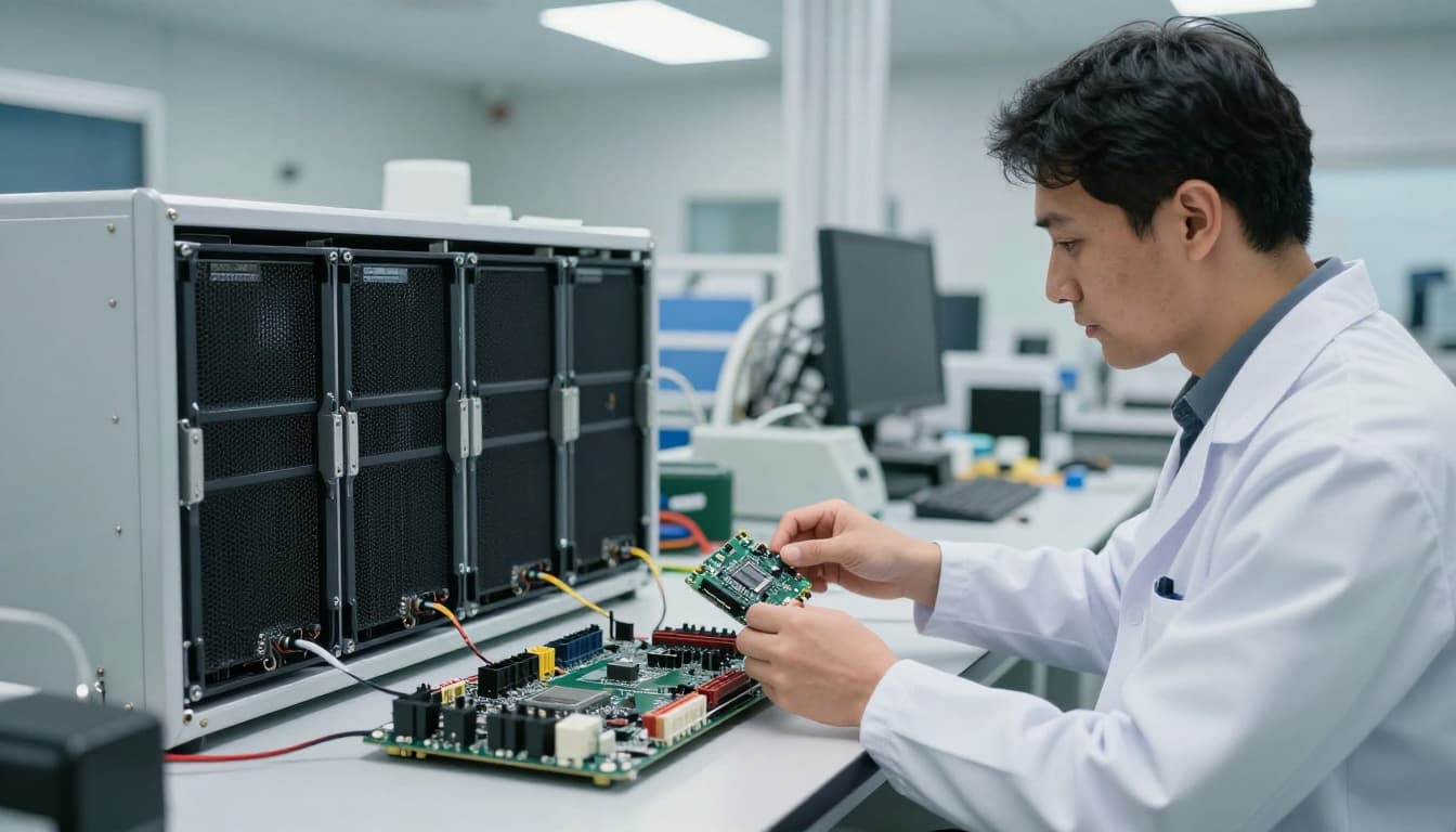 An engineer in a lab coat holds a small compact power module next to a large AI server motherboard on a workbench in a clean lab setting with tools in the background.