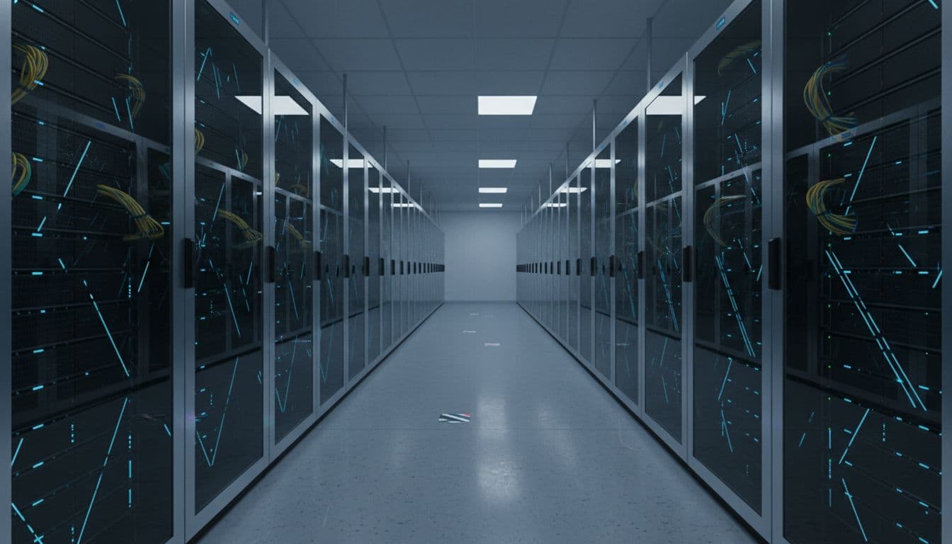Realistic wide-angle photo of a data center aisle lined with server racks featuring subtle thematic labeling, blue LED lighting, and an empty professional environment with high detail in landscape composition.