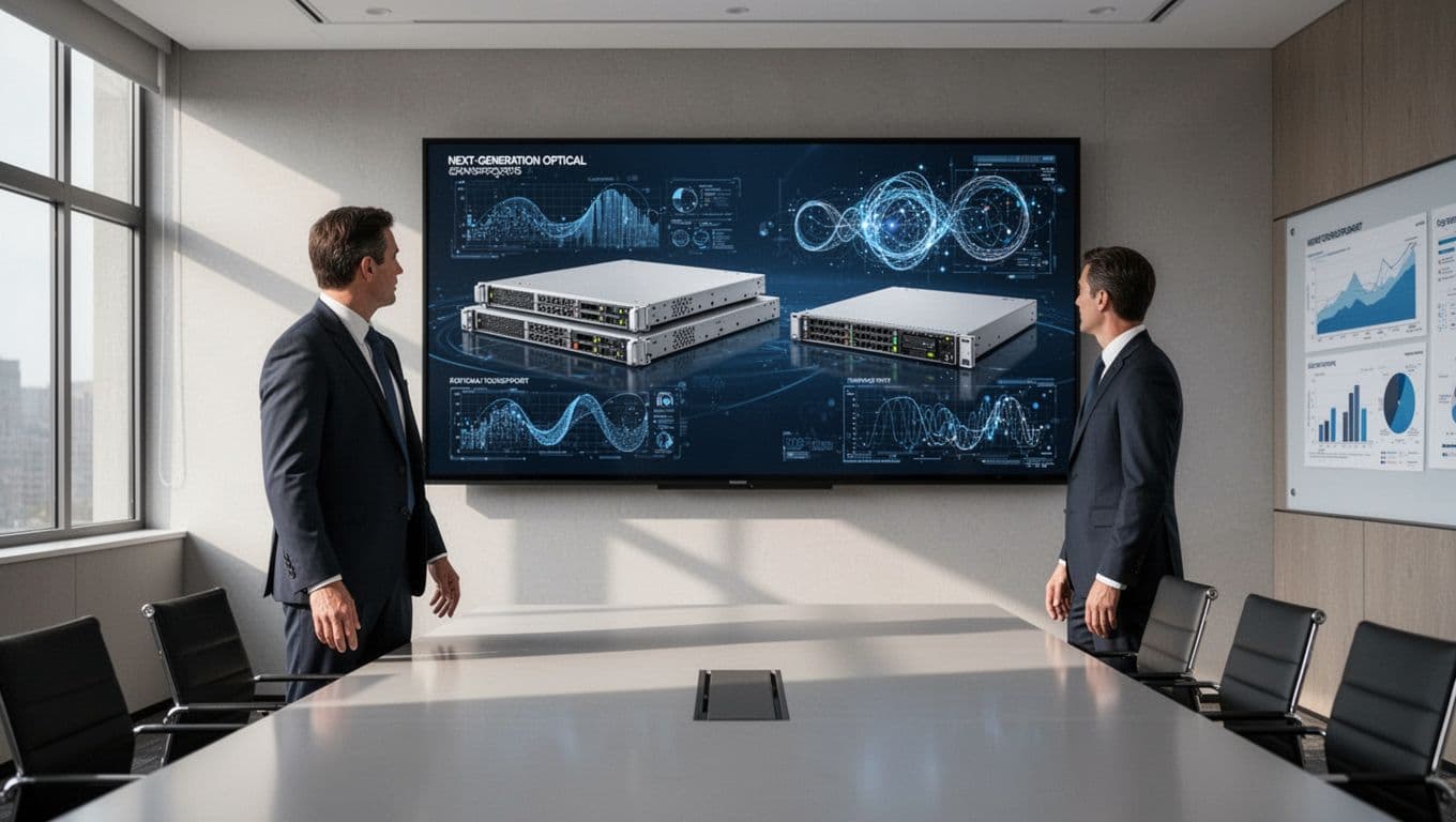 Photo-realistic landscape of a modern executive boardroom with wall-mounted technology comparison display featuring optical transport hardware models and charts. One executive relaxedly views the display in soft natural lighting.