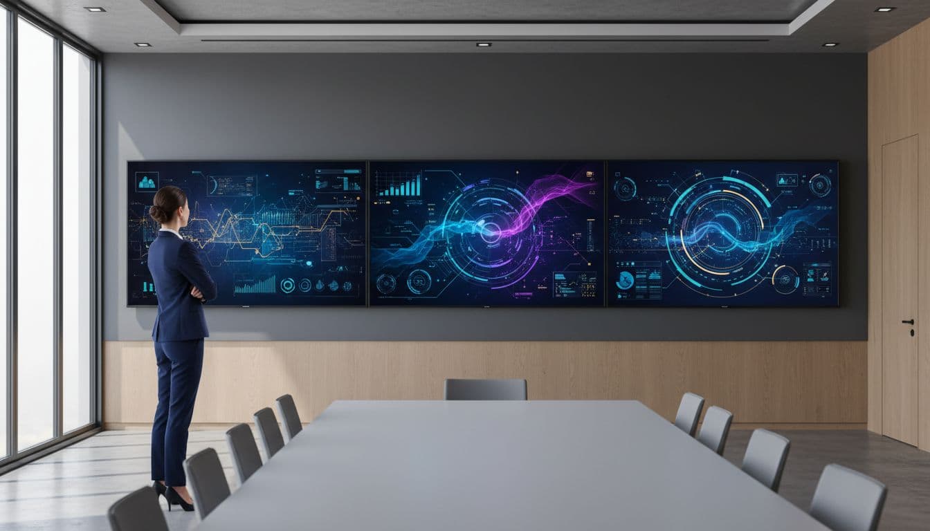 Business executive stands arms crossed in modern conference room reviewing large wall screens with abstract charts and graphs.