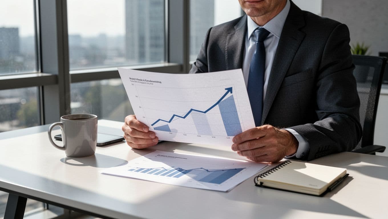 Calm business executive reviews printed charts with flat-to-upward growth lines on desk in sunlit modern office.