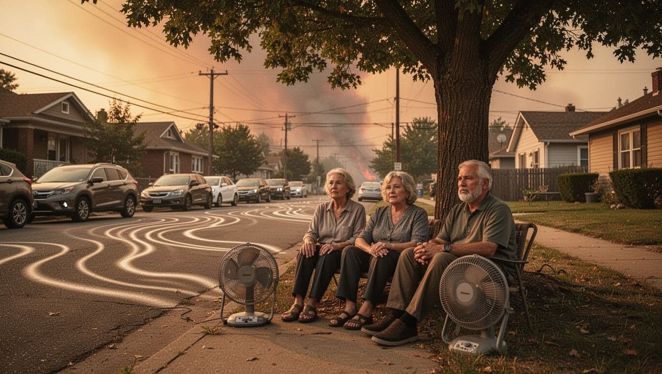 Urban neighborhood street scene in extreme summer heat with wavy air distortion above asphalt and heat mirages from parked cars. Three adults from one family sit calmly under a tree using portable fans, with hazy orange sky from distant wildfire smoke, in realistic late afternoon golden light.