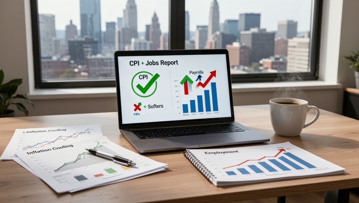 Photorealistic landscape of a tidy financial analyst's desk in a home office with an open laptop displaying simplified CPI and jobs report icons, printed charts showing cooling inflation and rising employment, notepad, pen, coffee cup, and city skyline view.