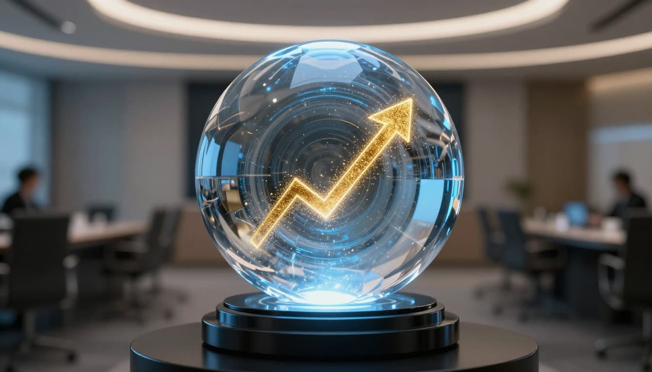 Photorealistic sci-fi image of a transparent crystal orb on a black pedestal in a sleek conference room, with swirling golden particles forming an upward arrow chart trend and ethereal blue backlighting creating glow and reflections.
