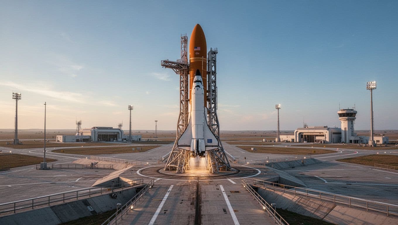 Sleek medium-lift rocket stands on launch pad surrounded by open tarmac and distant control buildings under clear blue dawn sky.