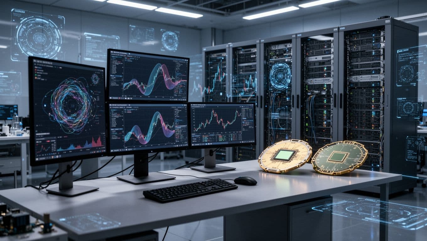 Photo-realistic trading station featuring multi-monitor setups with stylized stock chart waveforms next to stacked AI server racks and gleaming semiconductor wafers. Futuristic background includes holographic elements with dynamic blue-toned lighting and wide landscape composition.